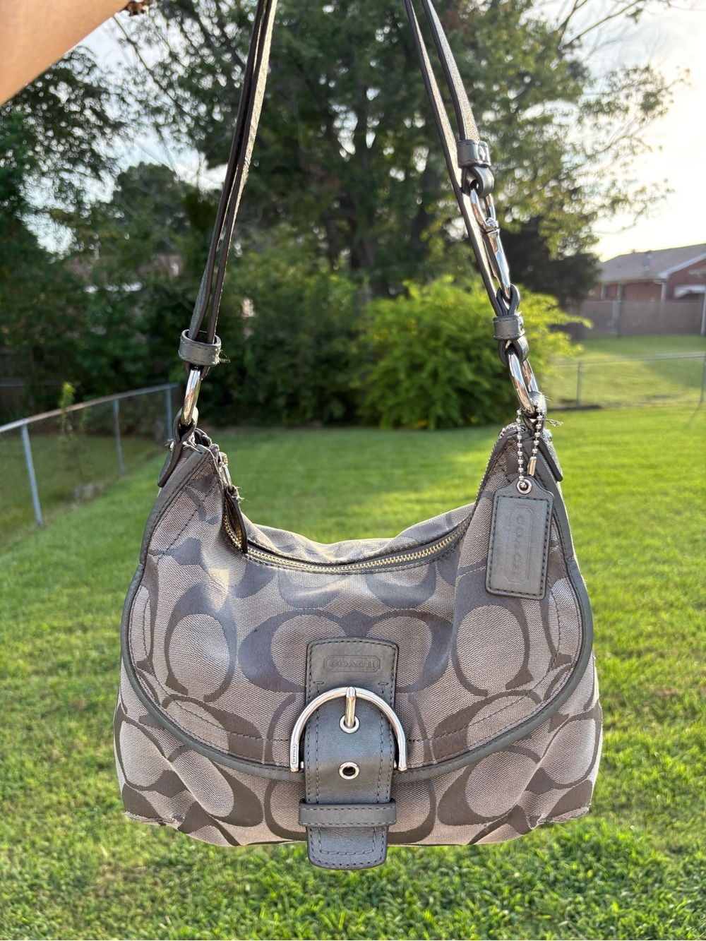 Coach Taupe and Gray Signature Canvas Shoulder Bag